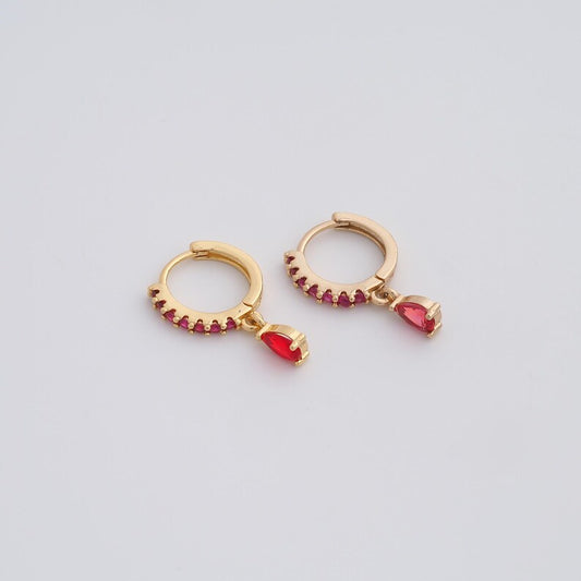 Dainty Gold Huggie Earrings - Red